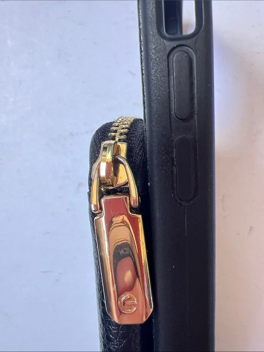 Black Leather Zipper Wallet Phone Case with Gold Accent